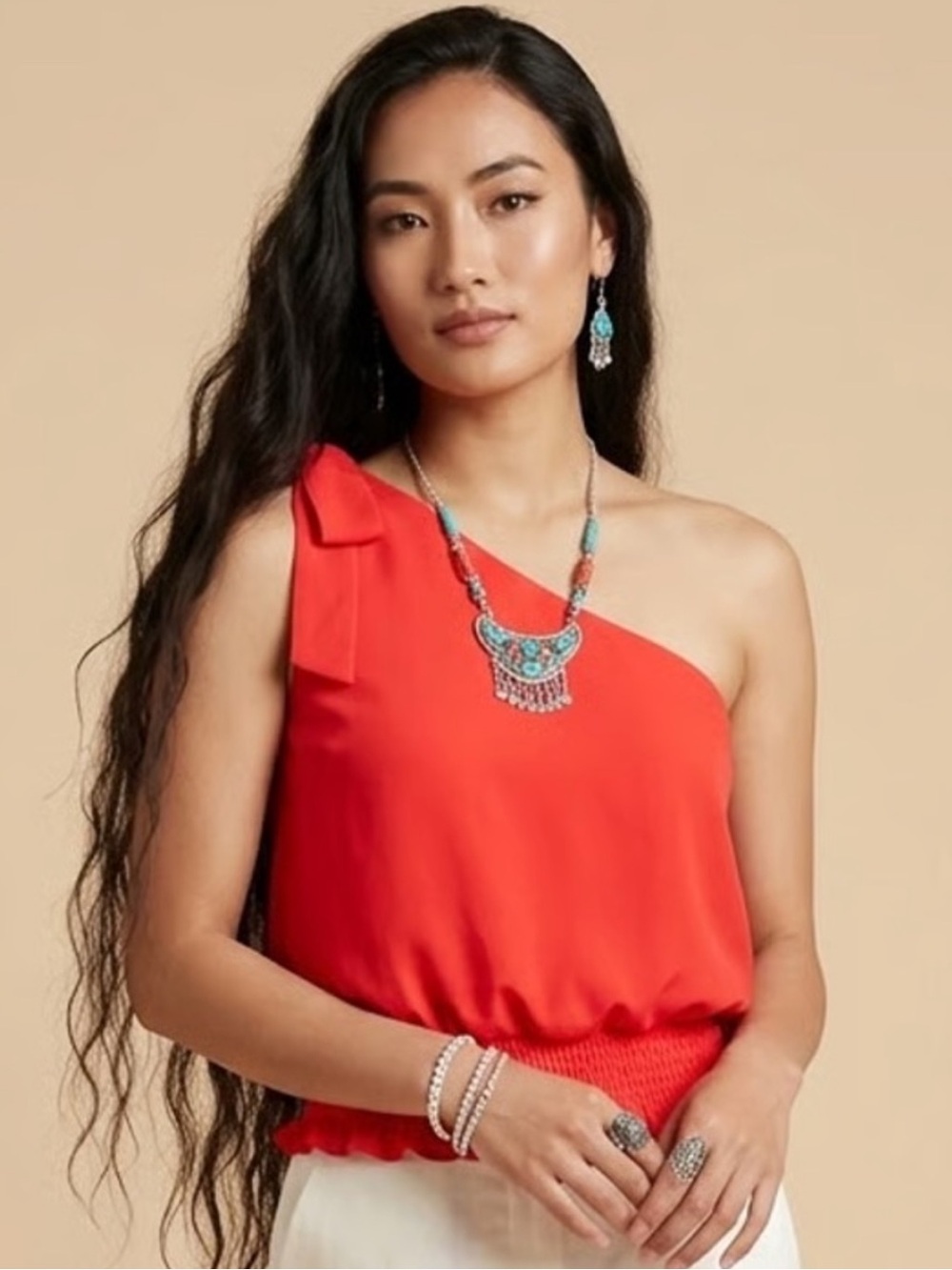 Amanda Uprichard Red One Shoulder Smocked Crop Top NWT M